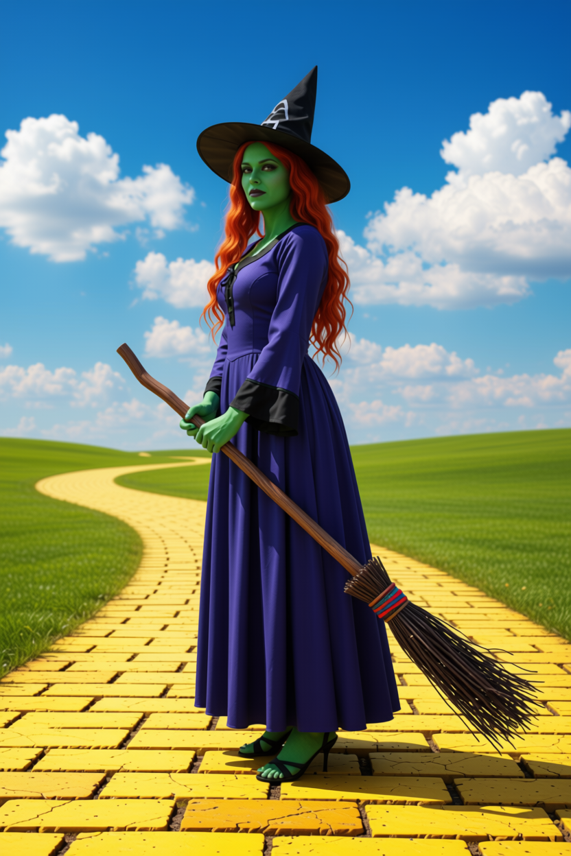 Green-skinned witch in a purple dress with a witch hat, holding a broom on a yellow brick road.
