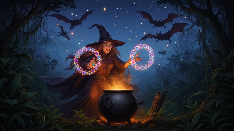 Witch casting glowing ring spells over a cauldron in a moonlit, spooky forest.