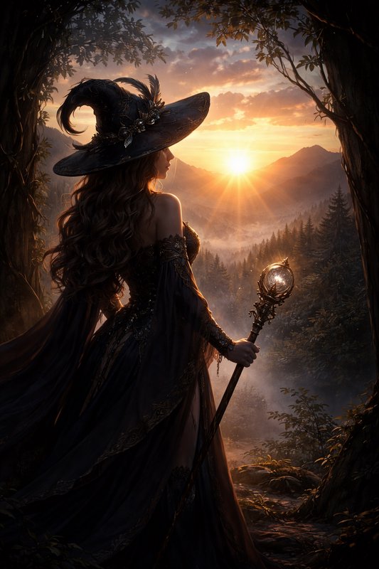 Fantasy witch in a dark gown and wide-brimmed hat stands at forest edge with a glowing staff at s...