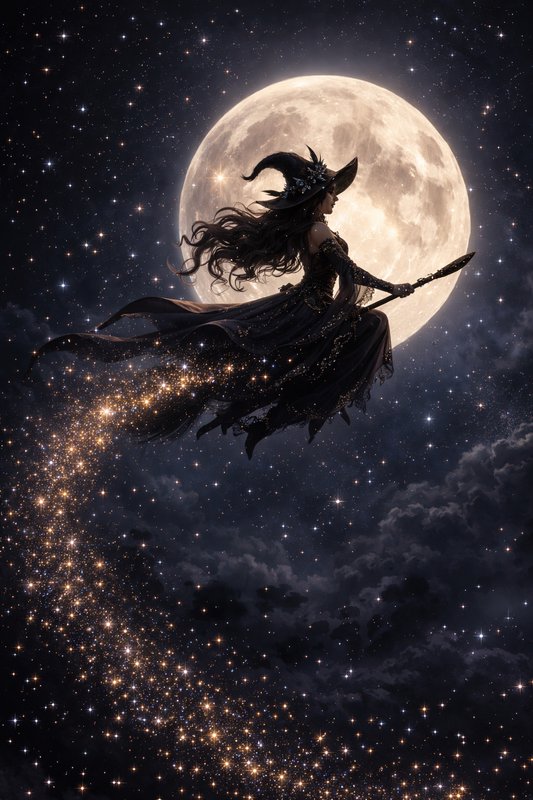 A black-clad witch silhouette flying on a broom before a bright full moon, trailing golden sparkles.