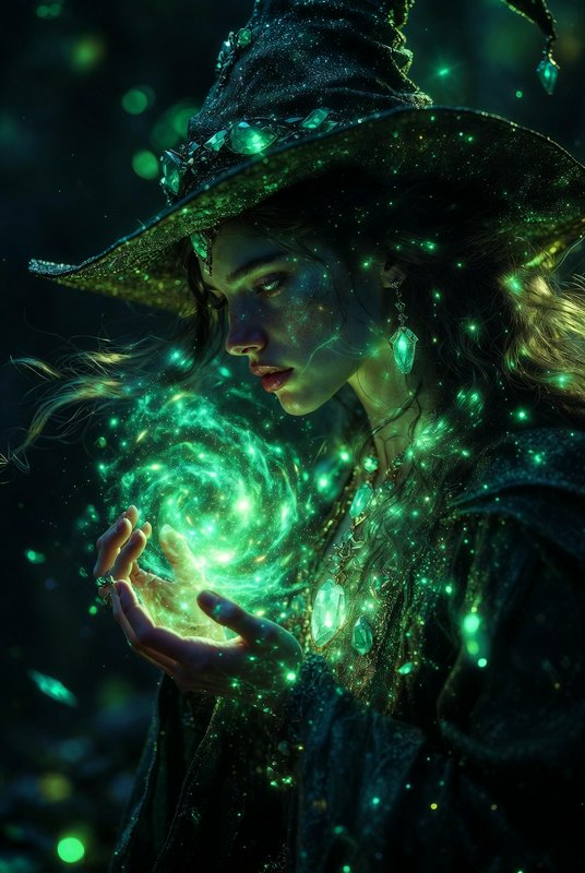 Female witch in a dark cloak and hat, holding a glowing emerald-green magical energy orb.