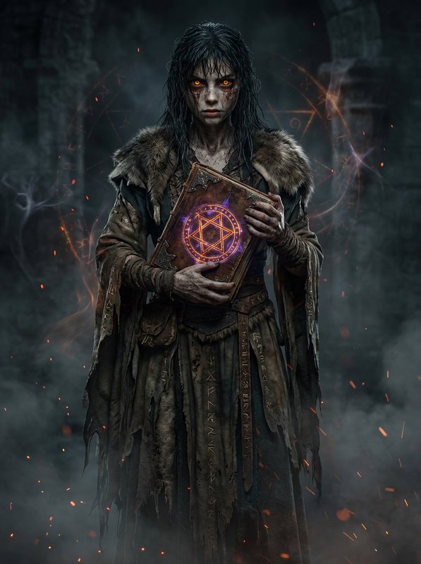 Mysterious woman in tattered fur cloak holds a glowing, rune-filled book in a smoky, dark fantasy...