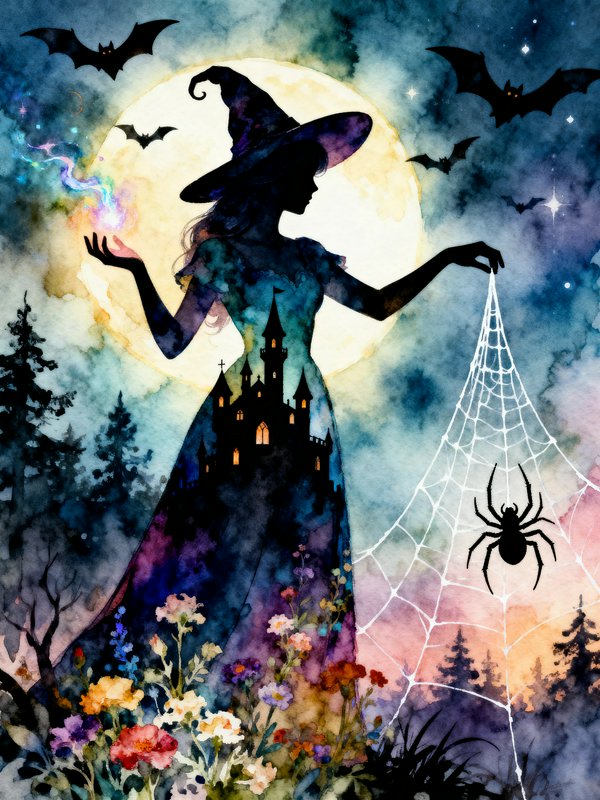 Silhouette of a witch with a moonlit dress featuring a castle, spider web, spider, bats, and watercolor night scene.