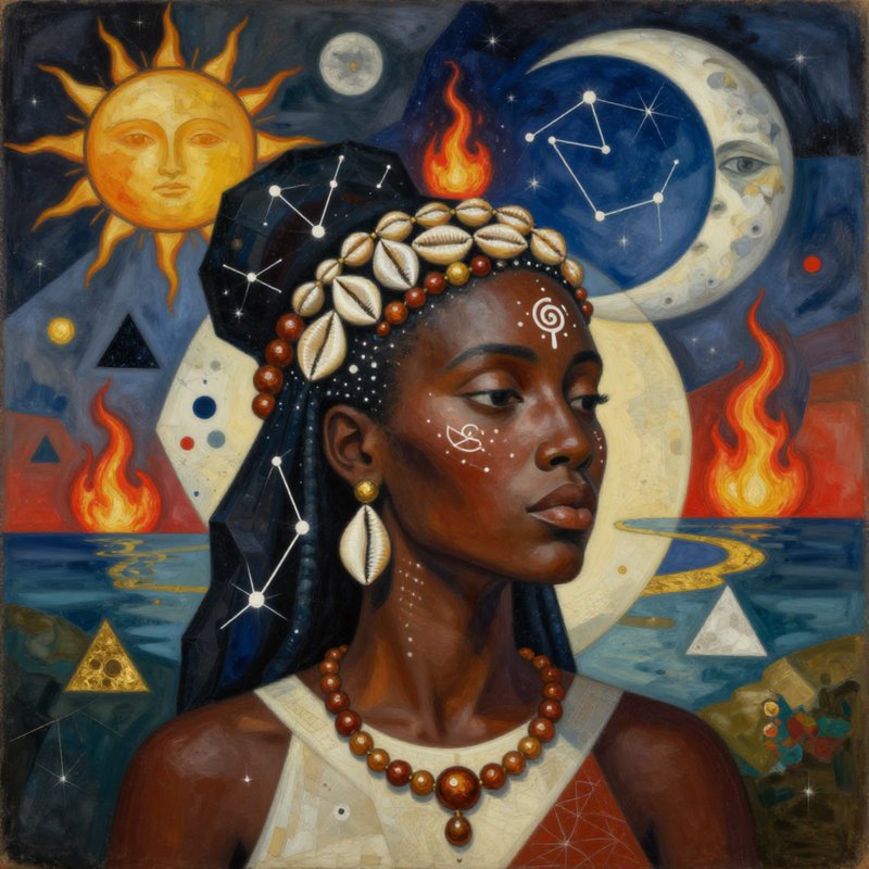 Portrait of a dark-skinned woman with a shell crown, set among sun, moon, fire and stellar conste...