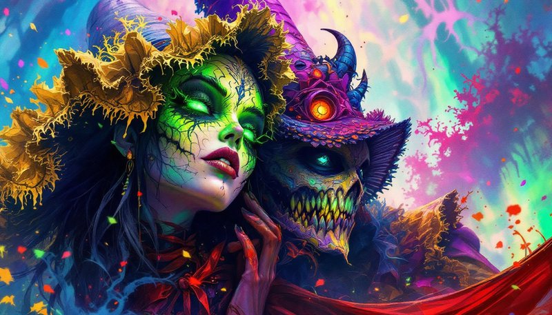 Vivid fantasy art: a woman with cracked green skin beside a skeletal figure in a colorful carniva...