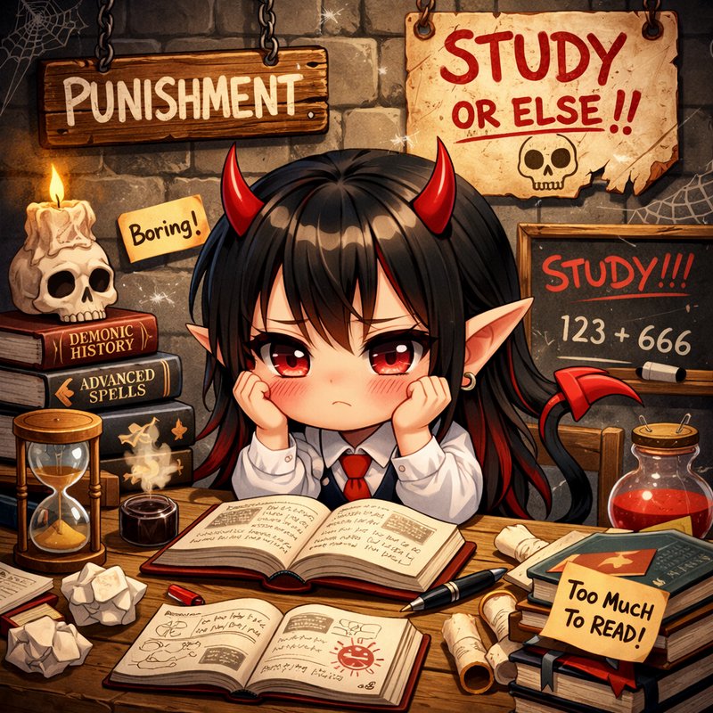 Chibi demon student with horns at a cluttered desk surrounded by books and skulls.