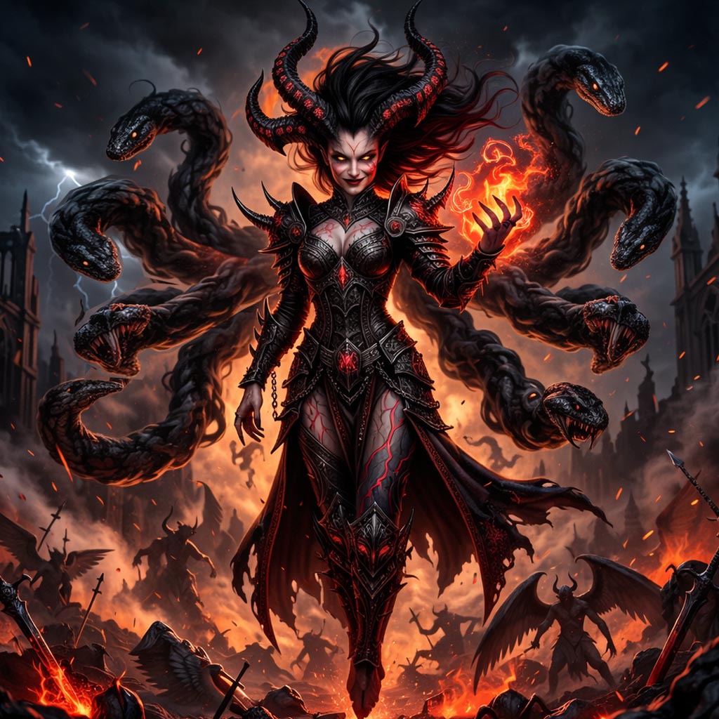 Triumphant Demon Goddess after the final battle between Angels and Demons