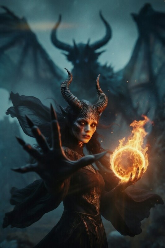 Dark fantasy sorceress with curved horns conjuring a fiery orb.