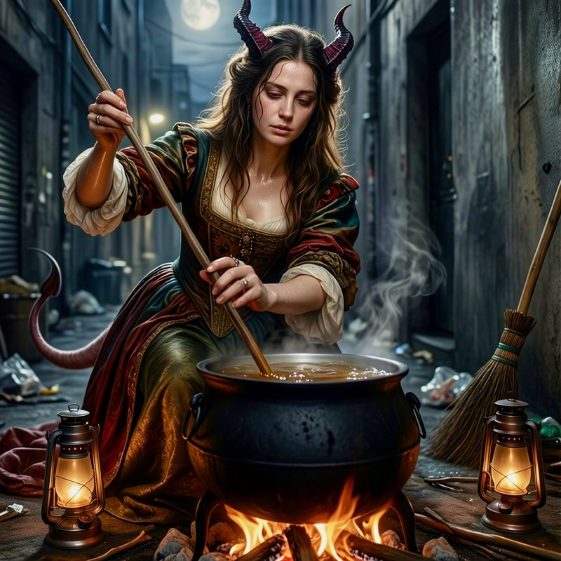 Fantasy woman with horns stirring a cauldron over a fire in a dim moonlit alley.