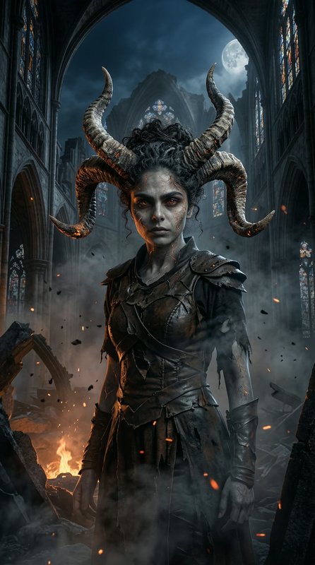 Dark fantasy warrior woman with large curved horns in a ruined cathedral at night