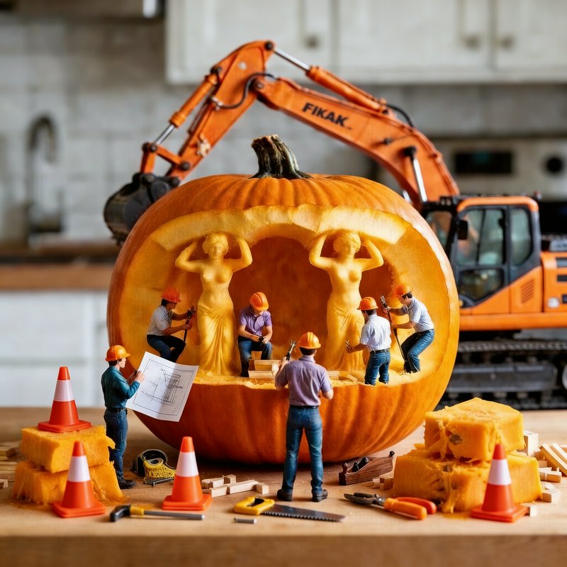 Carved pumpkin with miniature construction workers inside and an orange excavator in the background