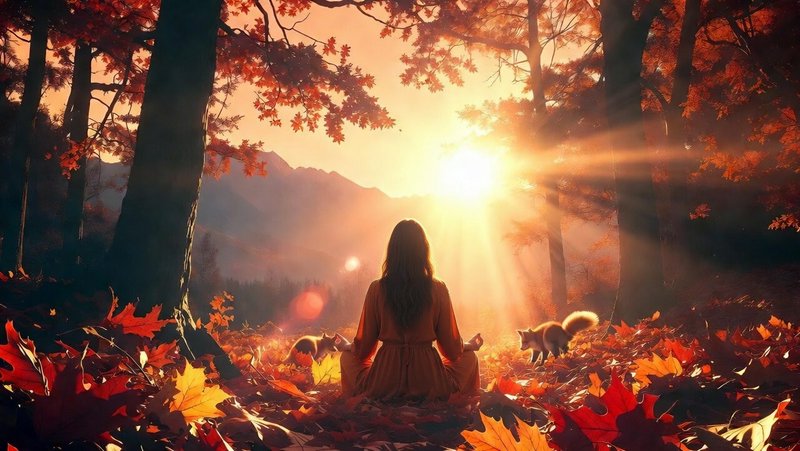 Woman sitting cross-legged in an autumn forest at sunrise among colorful leaves and sun rays.