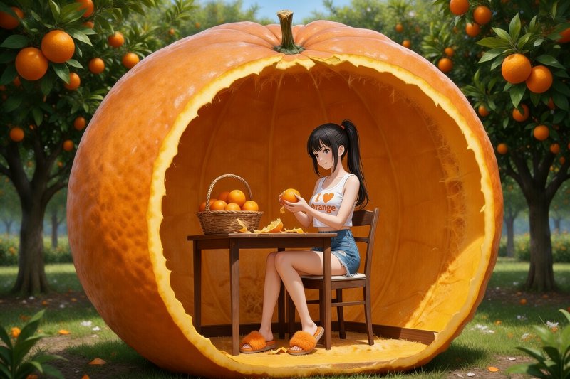 Anime girl sitting at a table inside a large carved pumpkin in an orange orchard