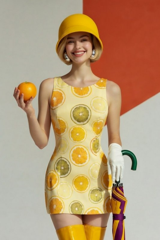 Young woman in a citrus print sleeveless dress with a yellow hat, white gloves, and a colorful um...