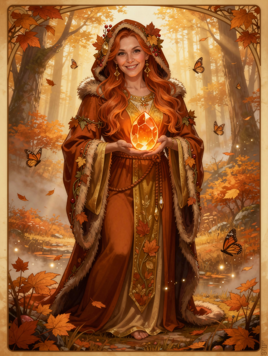 Woman in autumnal costume holding a glowing crystal in a sunlit forest.