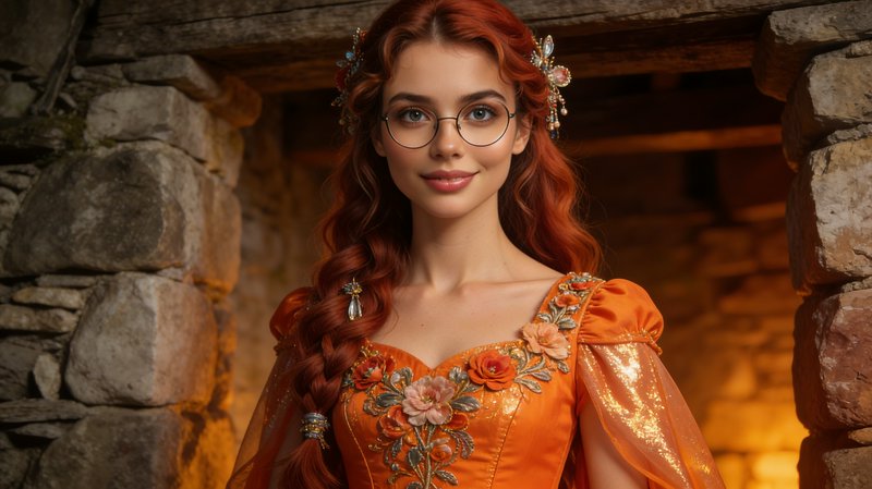 Young woman with long red braided hair in an orange floral gown, wearing glasses, in a stone arch...