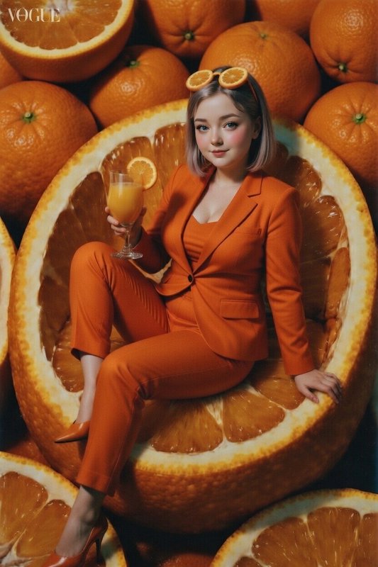 Woman in an orange suit seated inside a giant orange slice, holding a glass of orange juice among...