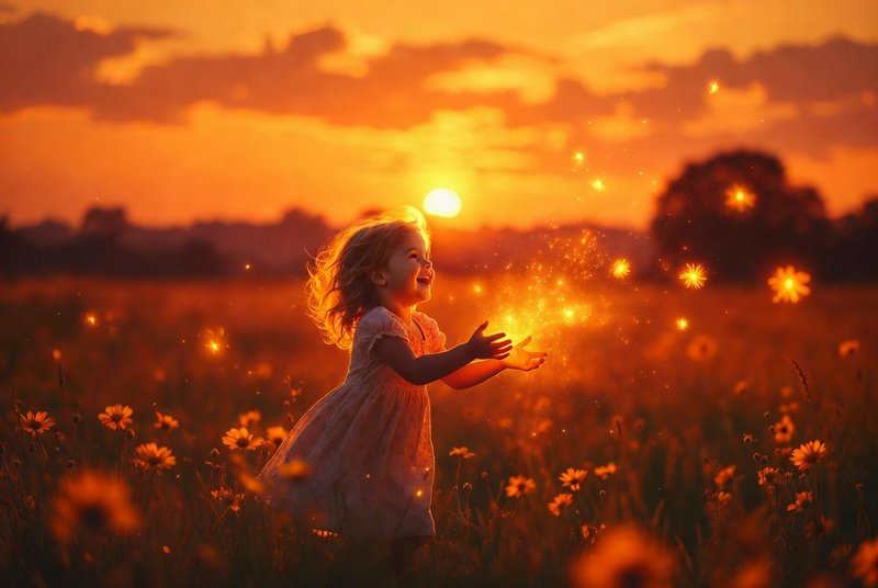 Girl in a white dress in a sunlit field at sunset, reaching toward glowing sparks.