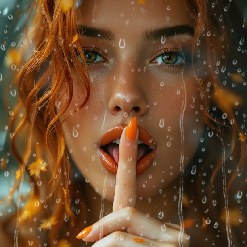 Close-up portrait of a woman with orange hair and nails behind rain-speckled glass.