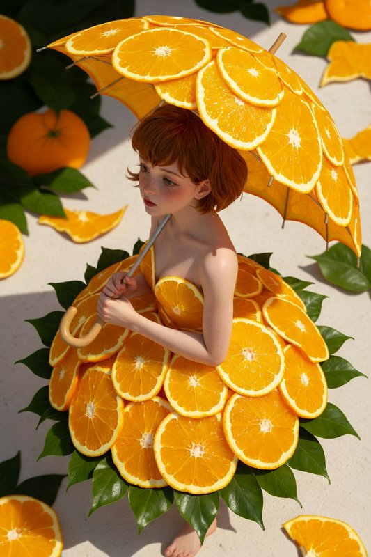 Child in an orange-slice dress holding an orange-slice umbrella in a sunny, playful scene.