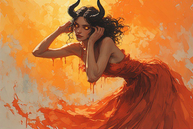 Fiery fantasy illustration of a horned woman in a flowing red dress against a blazing orange back...