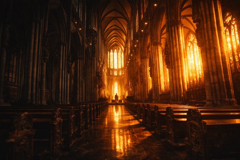 Gothic cathedral nave bathed in amber light from stained glass, with arches and empty pews.