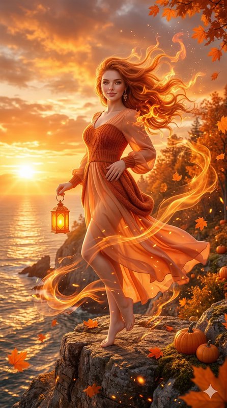 Woman in an orange flowing dress with a lantern, standing on a rocky cliff at sunset with fiery m...