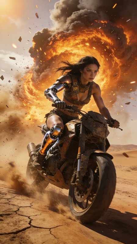 Female warrior on a rugged motorcycle racing through a desert with a fiery explosion behind her.