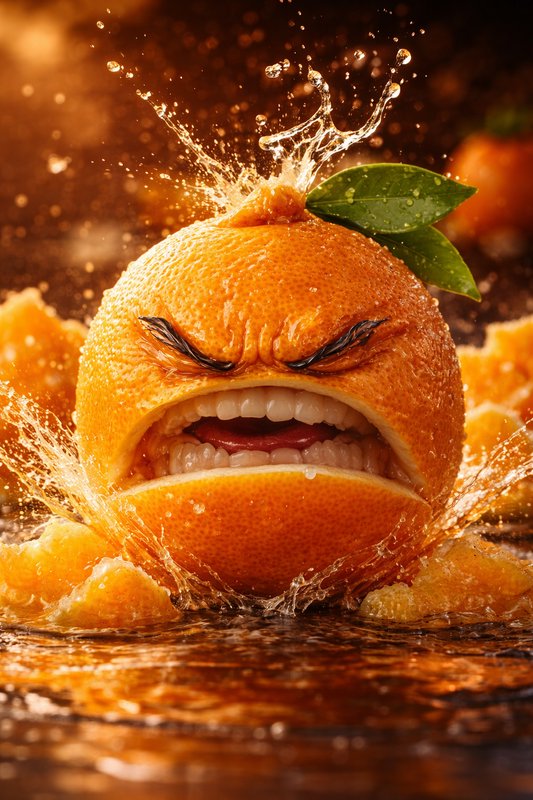 Orange with a comical squeezed-face expression and splashing juice