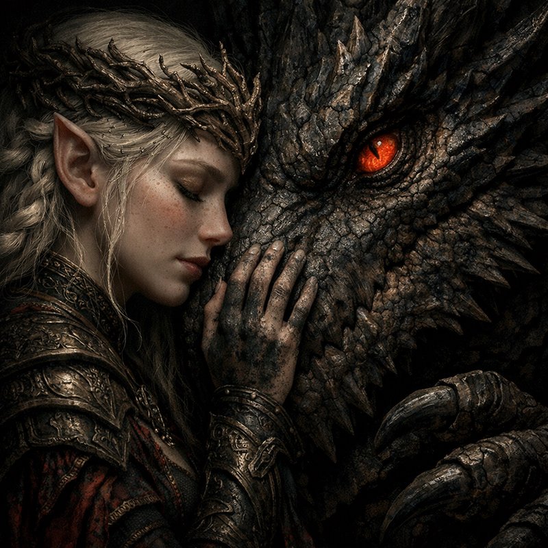 Fantasy queen in ornate armor softly touching the scaly dragon’s snout with a glowing red eye.