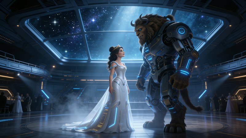 A princess in a white gown faces a Beast in futuristic armor inside a sci-fi ballroom under a sta...