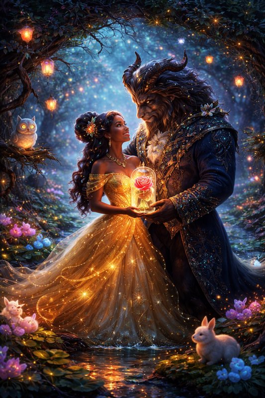 Romantic fantasy couple in an enchanted forest with glowing lights and a rose under a glass dome.