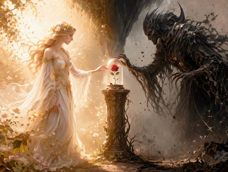 Ethereal woman in a flowing gown touches a rose under a glass dome as a dark demon looms nearby.