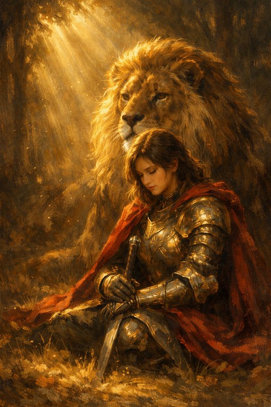 Armor-clad woman kneeling in a forest with a majestic lion behind her, bathed in golden light.