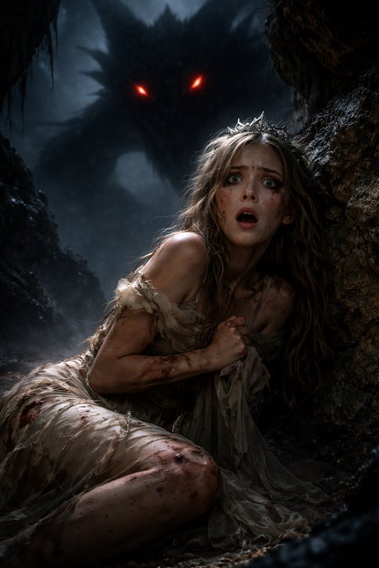Young woman in a torn dress crouches in a dark cave as a shadowy dragon with glowing red eyes looms behind.