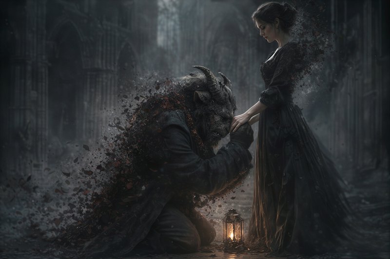 Woman in a dark gown comforts a dragon-like creature in a ruined gothic courtyard lit by a lantern.