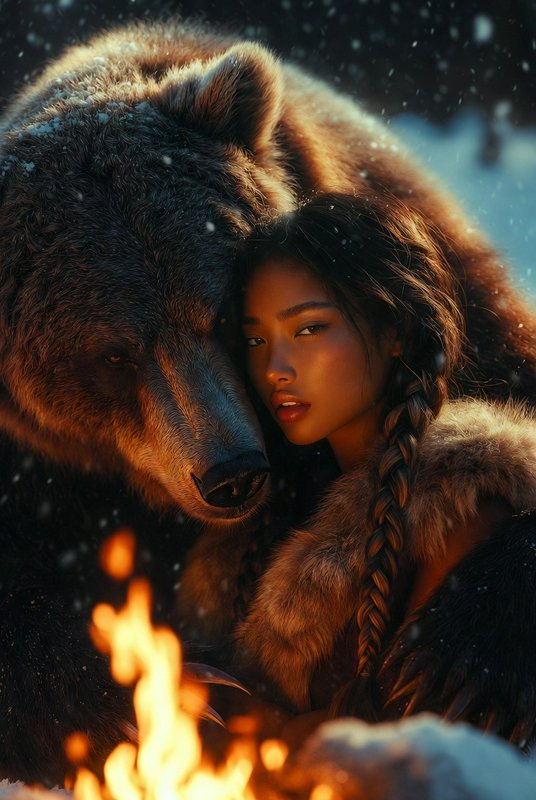 Woman with braided hair cuddling a large brown bear by a campfire in a snowy night.