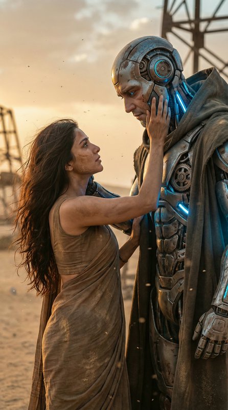 Woman in a desert dress tenderly touches a futuristic humanoid robot’s face at sunset.