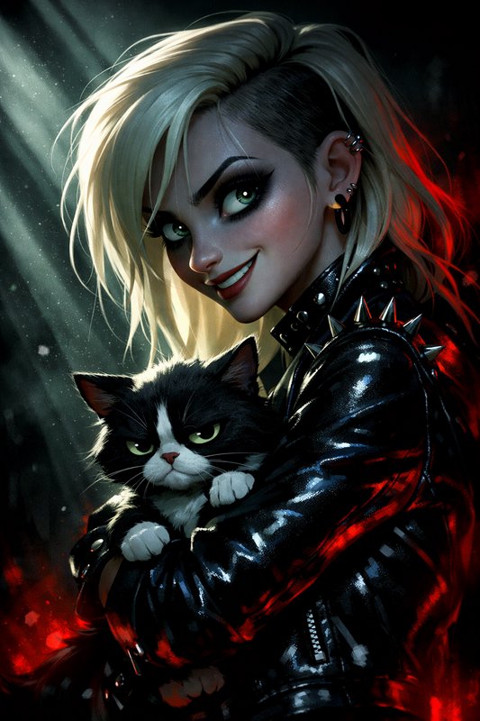 Stylized punk woman with blonde undercut hair in a black leather jacket holding a black-and-white cat.
