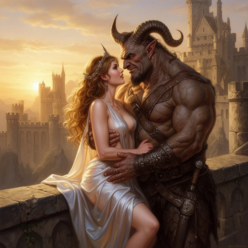 Fantasy couple on a castle balcony at sunset: a graceful woman in white with a horned demon embra...