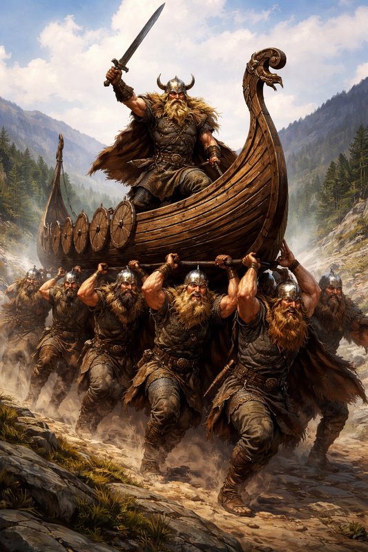 Viking warriors haul a carved wooden longship over rocky terrain as their bearded leader raises a...