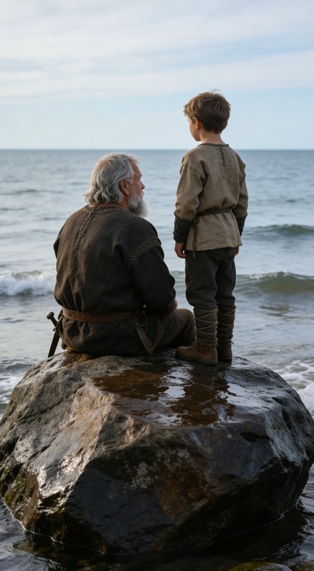 Older man with gray beard and a boy in medieval tunics sit on a large rock by the sea.