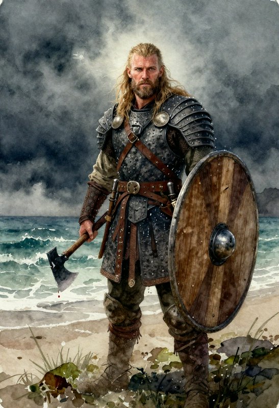 Battle-ready medieval warrior in steel armor with a round shield and battle-axe by a stormy sea.