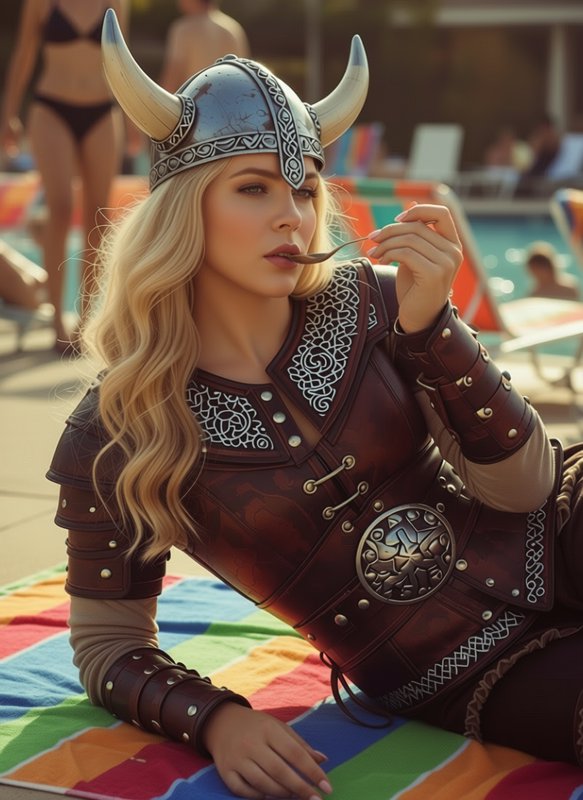 Woman wearing a horned Viking helmet and ornate leather armor lounging by a pool.