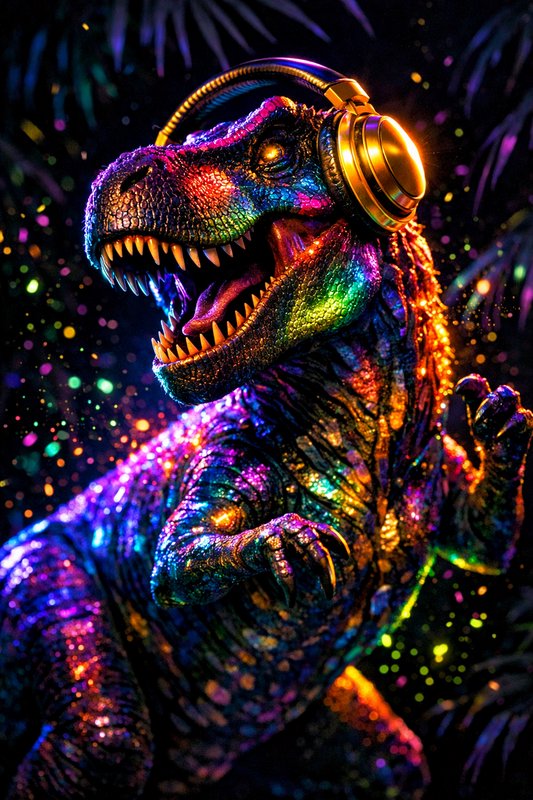 Colorful neon T-Rex wearing gold headphones, glowing in a disco-lit jungle.