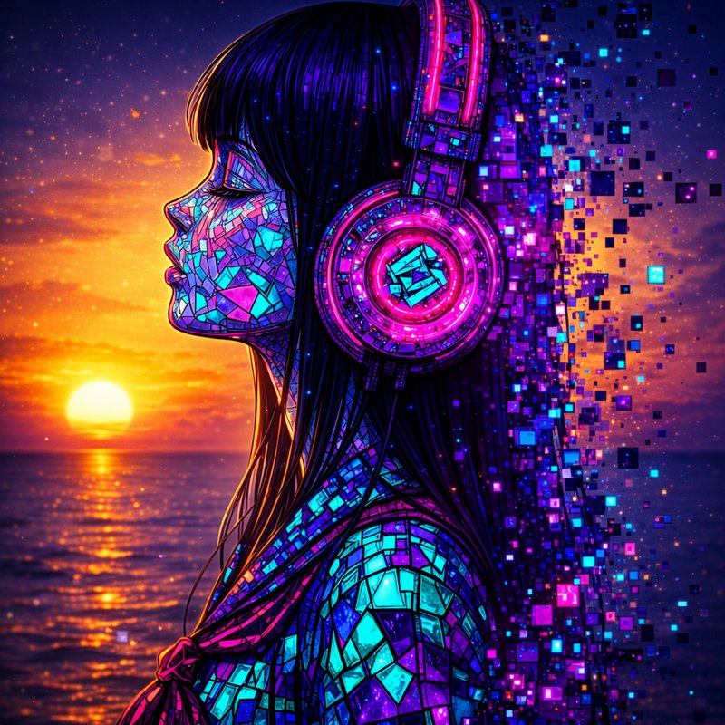 Side-profile of a mosaic-avatared woman wearing neon headphones against a sunset, pixelated purple-blue glow.