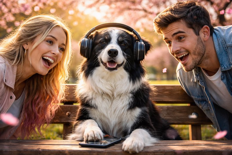 Happy dog wearing headphones on a park bench with smiling friends on both sides
