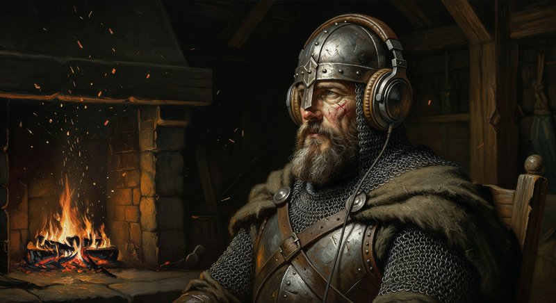 Bearded medieval warrior in metal helmet and chainmail with fur cloak by a glowing forge.