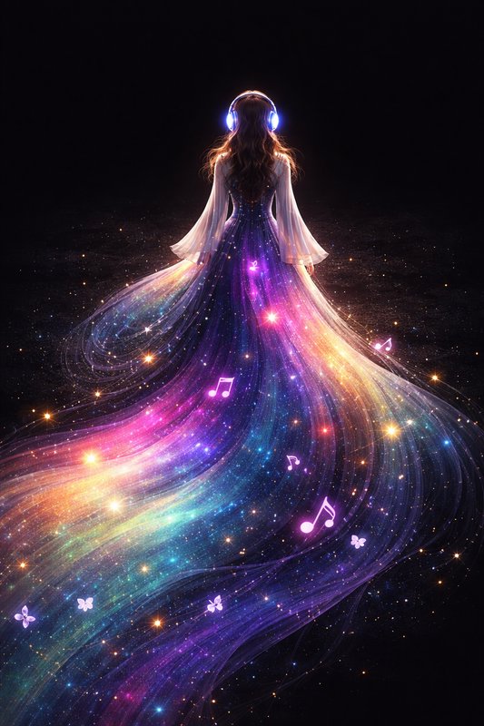Woman in a luminous, rainbow-colored gown with flowing light trails and glowing headphones.