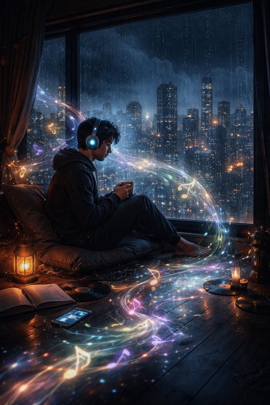 Young person with headphones sits by a window at night, colorful musical notes swirl around them ...